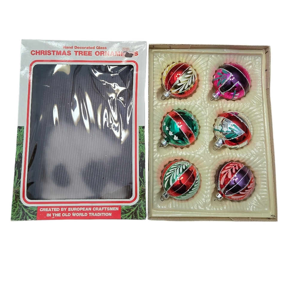 Vintage Hand Decorated Glass‎ Christmas Ornaments Set of 6 Romania Boxed 80s 90s